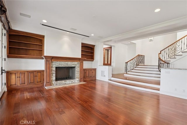 6337 Via Colinita, Rancho Palos Verdes, CA 90275 - unfurnished living room featuring hardwood / wood-style flooring, stairway, a premium fireplace, recessed lighting, and crown molding