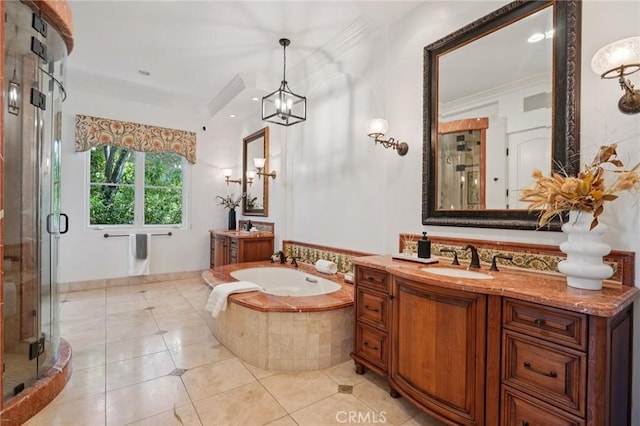 6337 Via Colinita, Rancho Palos Verdes, CA 90275 - full bath with ornamental molding, two vanities, a shower stall, tile patterned floors, and a garden tub