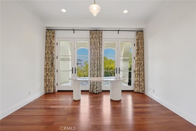 6337 Via Colinita, Rancho Palos Verdes, CA 90275 - empty room with french doors, ornamental molding, dark wood-style floors, and recessed lighting