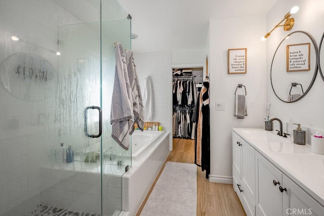 25252 Atwood Blvd, Newhall, CA 91321 - bathroom featuring a bath, vanity, a stall shower, wood finished floors, and a spacious closet