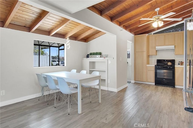10632 Larry Dr, Anaheim, CA 92804 - dining space with wood ceiling, light wood finished floors, and ceiling fan