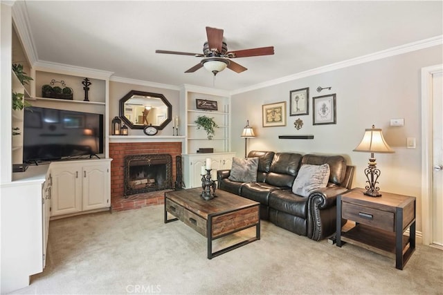 18836 Cedar Valley Way, Newhall, CA 91321 - living room with ornamental molding, ceiling fan, light carpet, a fireplace, and built in shelves