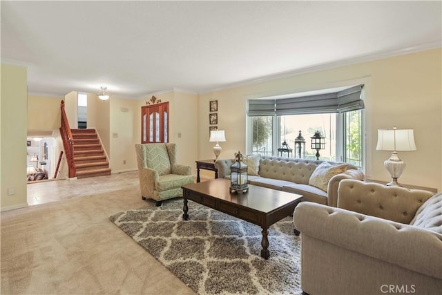 18836 Cedar Valley Way, Newhall, CA 91321 - living room with crown molding, stairway, and carpet flooring