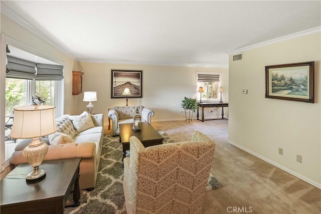 18836 Cedar Valley Way, Newhall, CA 91321 - living room featuring ornamental molding and carpet