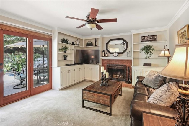 18836 Cedar Valley Way, Newhall, CA 91321 - living room with ornamental molding, light colored carpet, a fireplace, a ceiling fan, and built in shelves