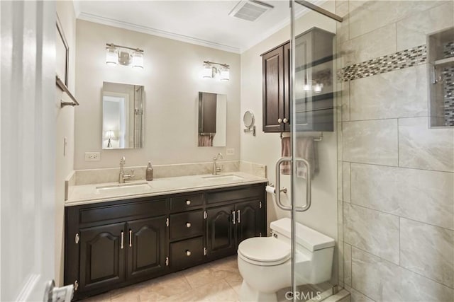 18836 Cedar Valley Way, Newhall, CA 91321 - bathroom with ornamental molding, double vanity, a shower stall, and tile patterned floors