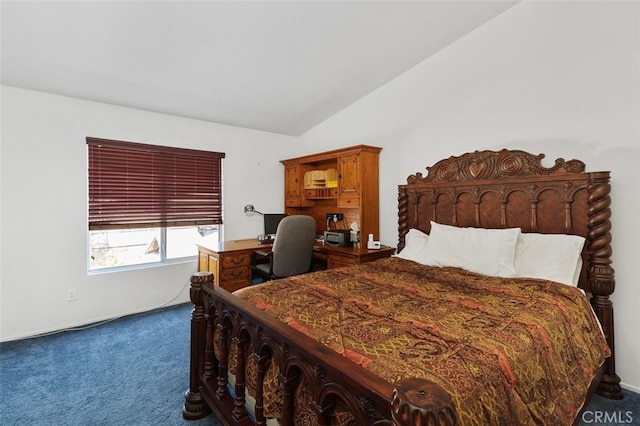 23050 Catt Rd, Wildomar, CA 92595 - bedroom with dark colored carpet, lofted ceiling, and a desk