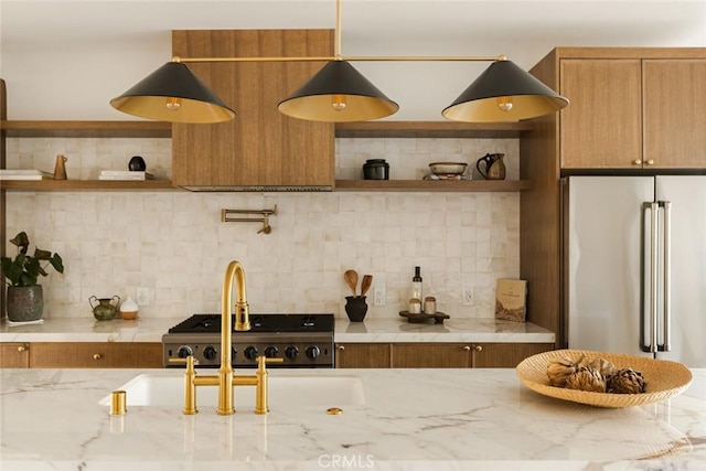 2334 Glover Pl, Los Angeles, CA 90031 - kitchen with open shelves, freestanding refrigerator, and backsplash