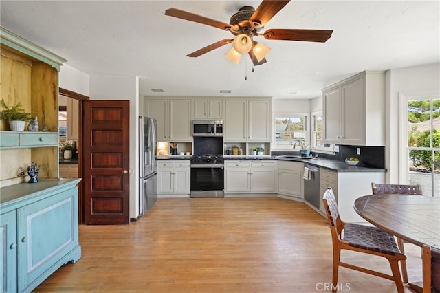 10821 Los Jordans Rd, Agua Dulce, CA 91390 - kitchen featuring stainless steel appliances, light wood-style floors, ceiling fan, and dark countertops