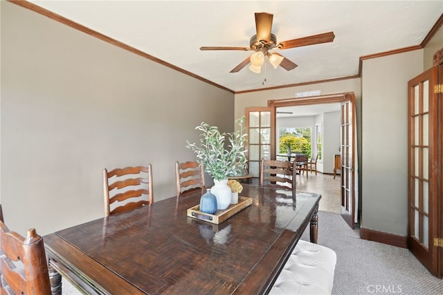 10821 Los Jordans Rd, Agua Dulce, CA 91390 - dining room featuring a ceiling fan, french doors, and carpet floors
