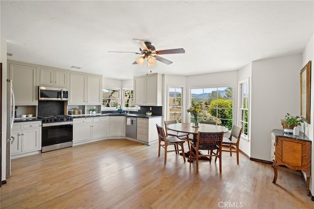 10821 Los Jordans Rd, Agua Dulce, CA 91390 - kitchen featuring stainless steel appliances, a ceiling fan, backsplash, and light wood-style flooring