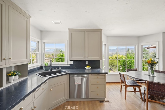 10821 Los Jordans Rd, Agua Dulce, CA 91390 - kitchen with dishwasher, light wood-style flooring, dark countertops, a mountain view, and backsplash