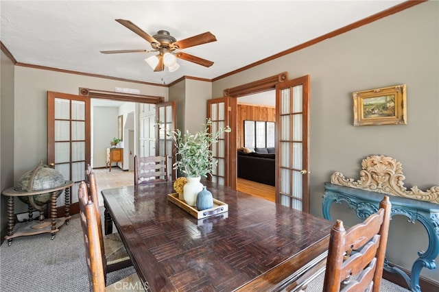 10821 Los Jordans Rd, Agua Dulce, CA 91390 - dining room featuring french doors, ceiling fan, and ornamental molding