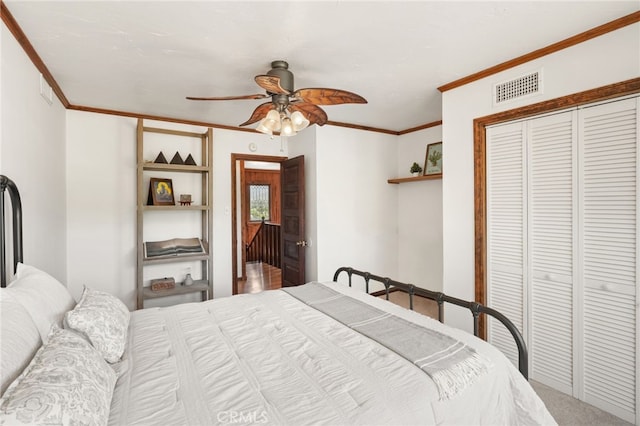 10821 Los Jordans Rd, Agua Dulce, CA 91390 - bedroom featuring a closet, crown molding, carpet floors, and ceiling fan