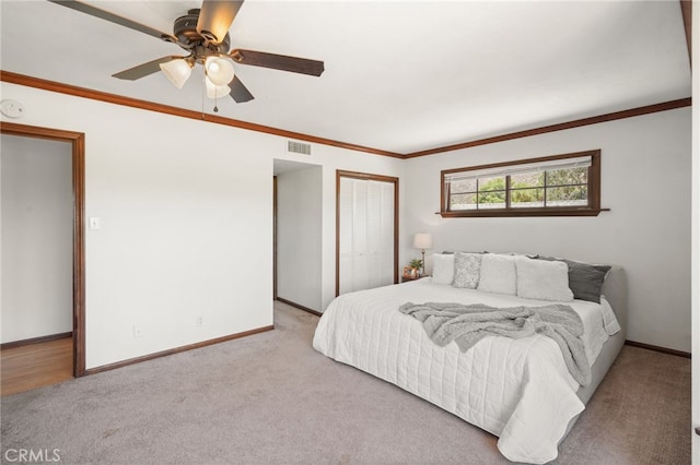 10821 Los Jordans Rd, Agua Dulce, CA 91390 - carpeted bedroom with a closet, ceiling fan, and crown molding