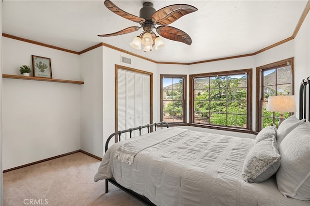 10821 Los Jordans Rd, Agua Dulce, CA 91390 - carpeted bedroom featuring a ceiling fan and ornamental molding