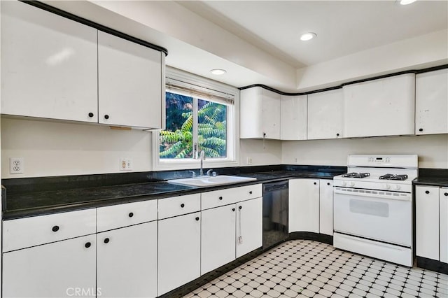 728 Quail Dr, Los Angeles, CA 90065 - kitchen featuring white gas range, dishwasher, dark countertops, white cabinetry, and recessed lighting