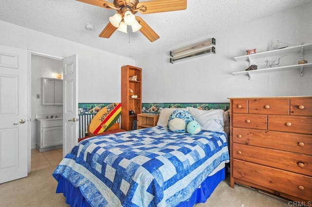5855 Kappa St, La Mesa, CA 91942 - bedroom with light colored carpet, a textured ceiling, and a ceiling fan