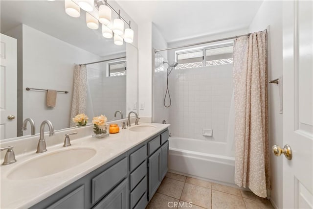 762 Twin Peaks Ave, Simi Valley, CA 93065 - bathroom with shower / bath combination with curtain, double vanity, and tile patterned flooring