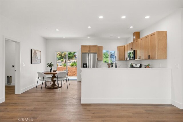 6105 Maxwood Dr, Paradise, CA 95969 - kitchen with stainless steel appliances, a peninsula, recessed lighting, light wood-style floors, and light countertops
