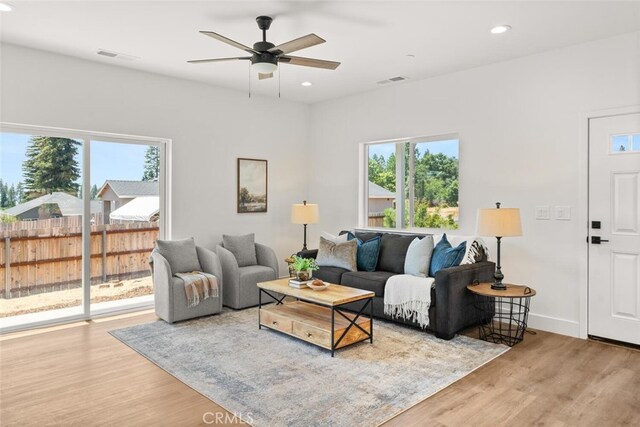 6105 Maxwood Dr, Paradise, CA 95969 - living area featuring wood finished floors, ceiling fan, and recessed lighting