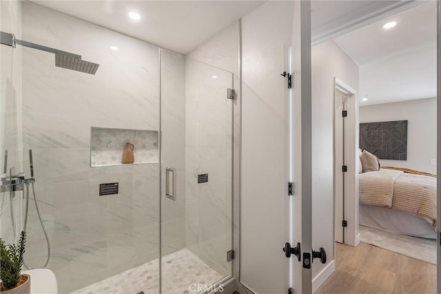 14 Willow Tree Ln, Irvine, CA 92612 - bathroom featuring connected bathroom, a marble finish shower, wood finished floors, and recessed lighting