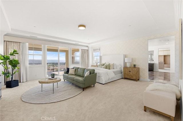19818 Cornell Ln, Yorba Linda, CA 92886 - bedroom with access to outside, light colored carpet, wallpapered walls, a raised ceiling, and ensuite bath
