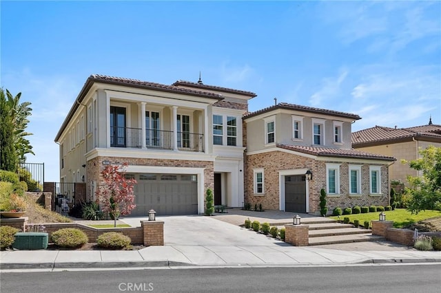 19818 Cornell Ln, Yorba Linda, CA 92886 - view of front facade with a garage, a tiled roof, concrete driveway, a balcony, and stucco siding