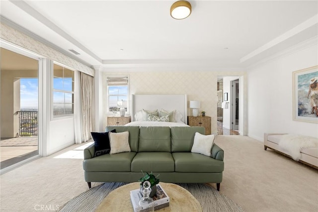 19818 Cornell Ln, Yorba Linda, CA 92886 - carpeted living room featuring wallpapered walls and crown molding