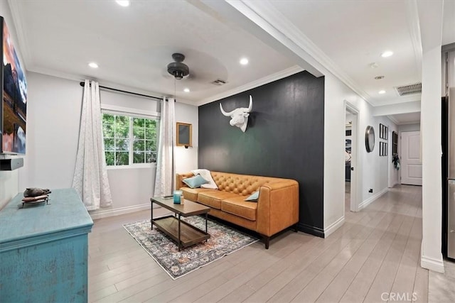 3751 Laurita Ave, Pasadena, CA 91107 - living room with recessed lighting, light wood-type flooring, ornamental molding, and ceiling fan