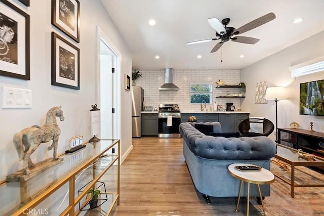 3751 Laurita Ave, Pasadena, CA 91107 - living room featuring light wood-type flooring, a ceiling fan, and recessed lighting