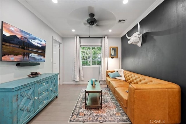 3751 Laurita Ave, Pasadena, CA 91107 - living area with ceiling fan, recessed lighting, light wood finished floors, and ornamental molding