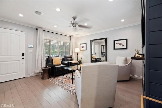 3751 Laurita Ave, Pasadena, CA 91107 - living area with crown molding, a ceiling fan, wood finished floors, and recessed lighting