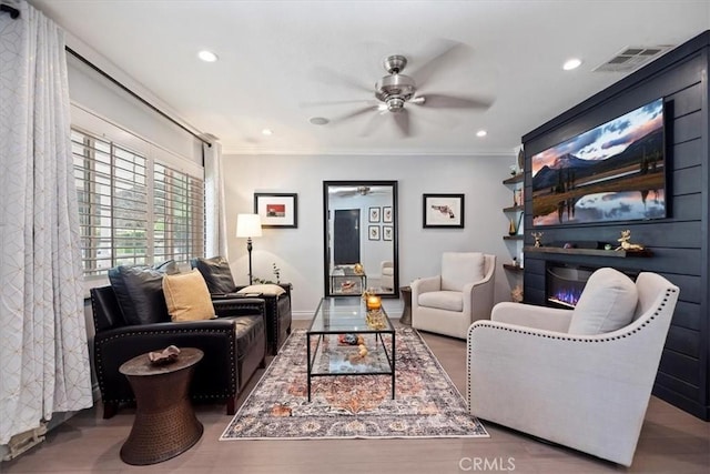 3751 Laurita Ave, Pasadena, CA 91107 - living room featuring ceiling fan, crown molding, wood finished floors, and recessed lighting