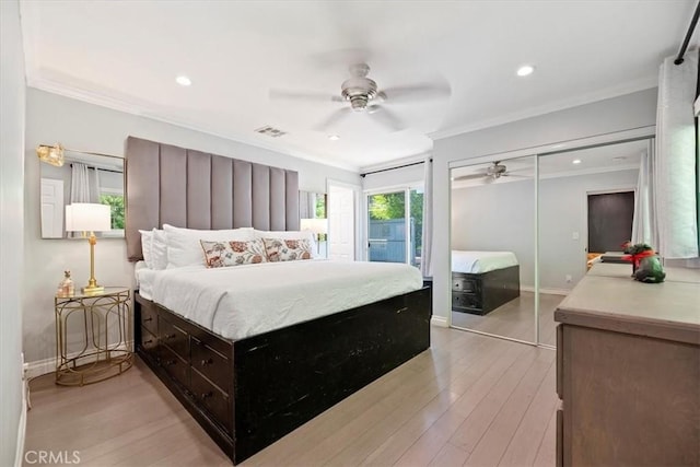 3751 Laurita Ave, Pasadena, CA 91107 - bedroom with crown molding, light wood-style flooring, access to outside, recessed lighting, and a ceiling fan