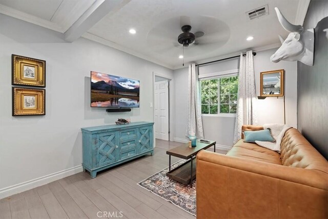 3751 Laurita Ave, Pasadena, CA 91107 - living room with light wood-style flooring, ceiling fan, crown molding, and recessed lighting