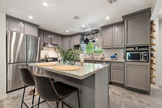 3751 Laurita Ave, Pasadena, CA 91107 - kitchen featuring stainless steel appliances, gray cabinetry, recessed lighting, decorative backsplash, and a center island