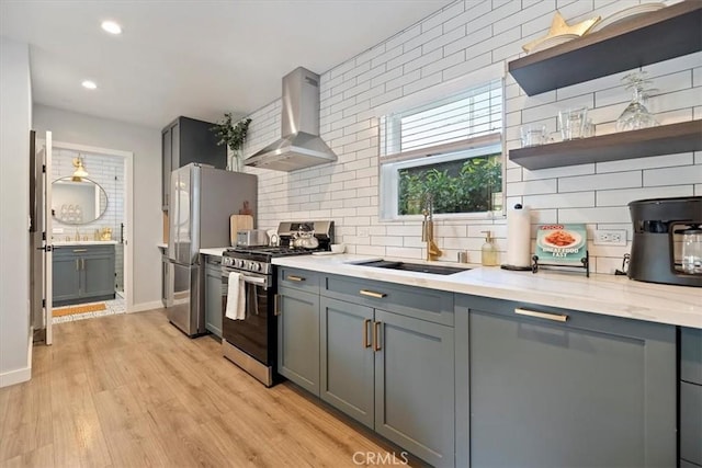 3751 Laurita Ave, Pasadena, CA 91107 - kitchen with wall chimney exhaust hood, appliances with stainless steel finishes, gray cabinetry, backsplash, and light wood-style flooring