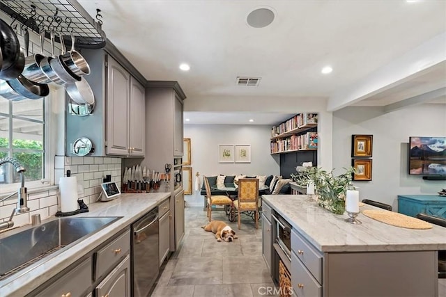 3751 Laurita Ave, Pasadena, CA 91107 - kitchen with gray cabinetry, stainless steel dishwasher, a kitchen island, and recessed lighting