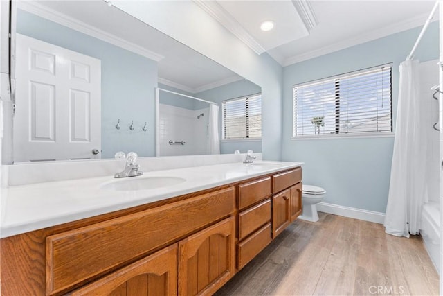 28422 La Pradera, Laguna Niguel, CA 92677 - full bath with double vanity, wood finished floors, shower / bath combination with curtain, and crown molding