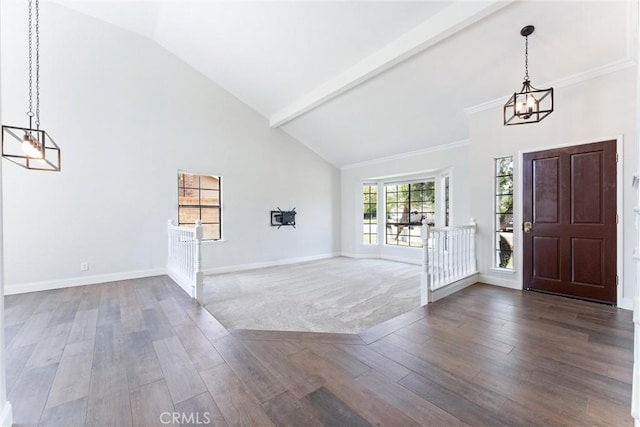 28422 La Pradera, Laguna Niguel, CA 92677 - foyer entrance featuring a chandelier, high vaulted ceiling, dark wood-style flooring, and beamed ceiling
