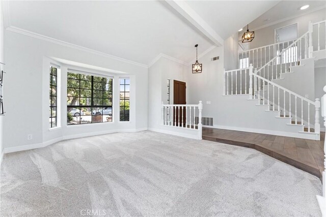 28422 La Pradera, Laguna Niguel, CA 92677 - unfurnished living room with stairs, carpet floors, beam ceiling, high vaulted ceiling, and a chandelier