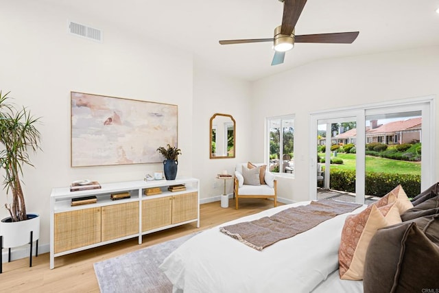 1481 Camino Linda Dr, San Marcos, CA 92078 - bedroom with access to exterior, light wood-type flooring, lofted ceiling, and a ceiling fan