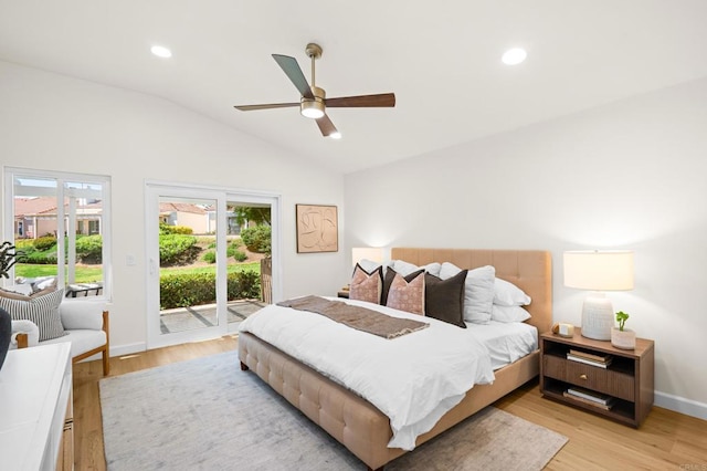 1481 Camino Linda Dr, San Marcos, CA 92078 - bedroom featuring access to outside, vaulted ceiling, light wood-type flooring, recessed lighting, and a ceiling fan