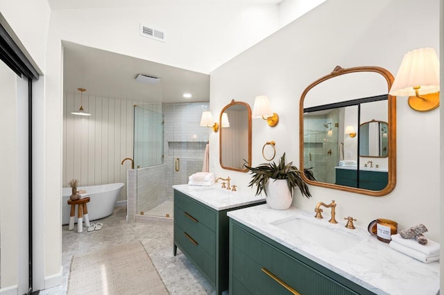 1481 Camino Linda Dr, San Marcos, CA 92078 - bathroom with a stall shower, two vanities, and a freestanding bath
