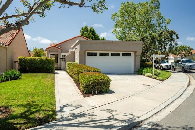 1481 Camino Linda Dr, San Marcos, CA 92078 - view of front facade with concrete driveway, a garage, stucco siding, a tiled roof, and a gate