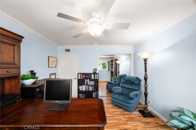 651 Lemke Dr, Placentia, CA 92870 - home office with crown molding, light wood-style floors, and ceiling fan
