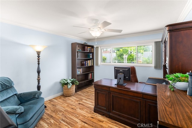 651 Lemke Dr, Placentia, CA 92870 - office with a ceiling fan, light wood-style floors, and crown molding