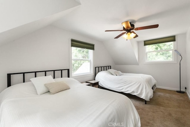 717 Crest Estates Dr, Lake Arrowhead, CA 92352 - bedroom with lofted ceiling, carpet floors, and a ceiling fan