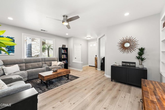 5091 Via Fresco, Camarillo, CA 93012 - living room featuring ceiling fan, light wood-type flooring, and recessed lighting